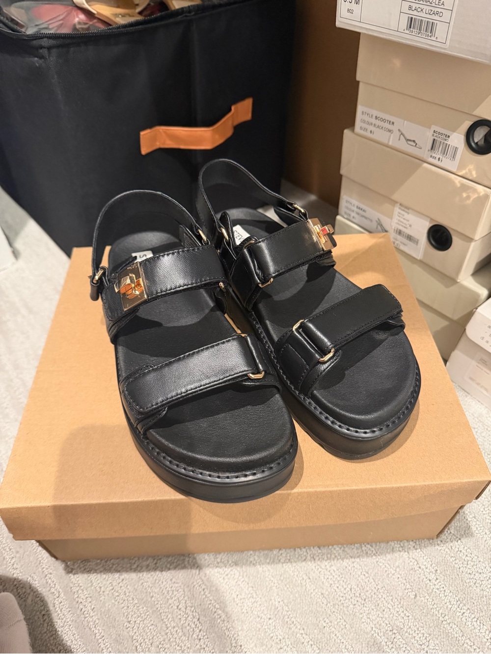 Steve Madden Bigmona Leather Strap Sandals with Gold Hardware
